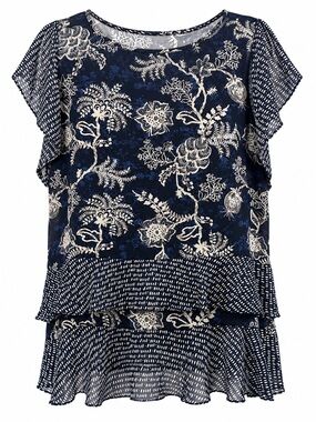 Cabi XL Navy Floral Ruffle Blouse Sheer Layered Top Boho